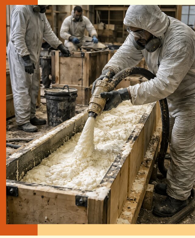 Заливка пенополиуретана в формы для утепления в Сургуте